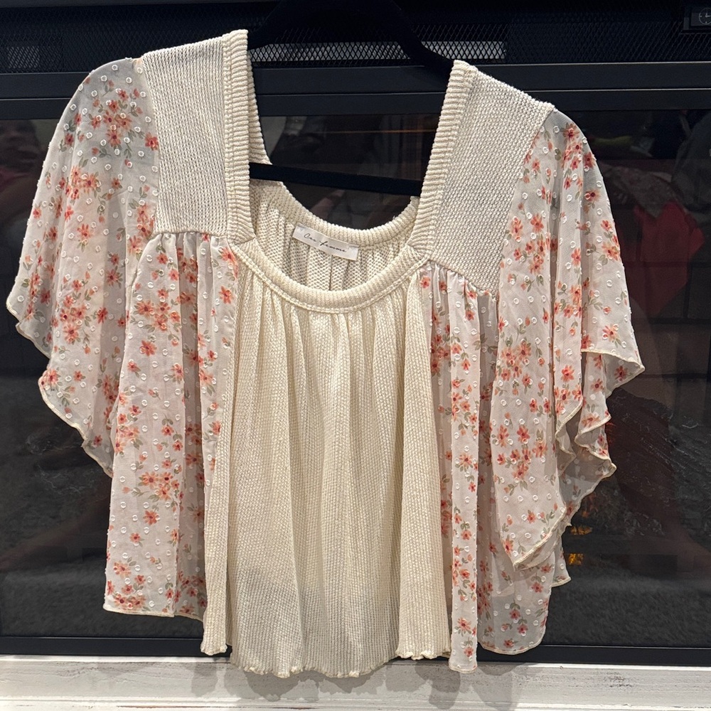 Ces Femme Cream and Pink Floral Blouse